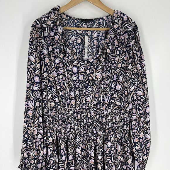 J Crew Dress Size Large Navy Purple Smocked Waist Floral Fields Mini V Neck - Picture 2 of 11